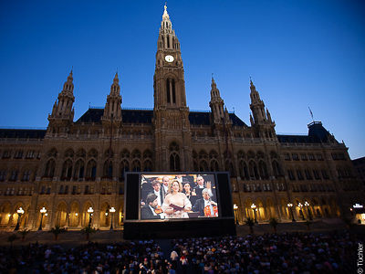 Large-size projection screen, film festival town hall square, Vienna