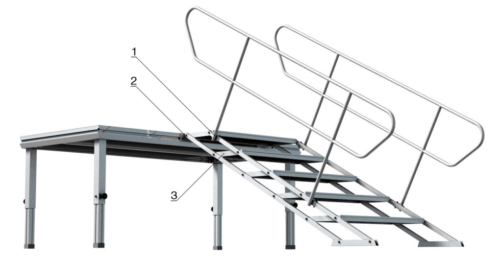 Bühnensystem T-REX Automatiktreppe an Bühnenpodest mit Steckbein teleskopbierbar