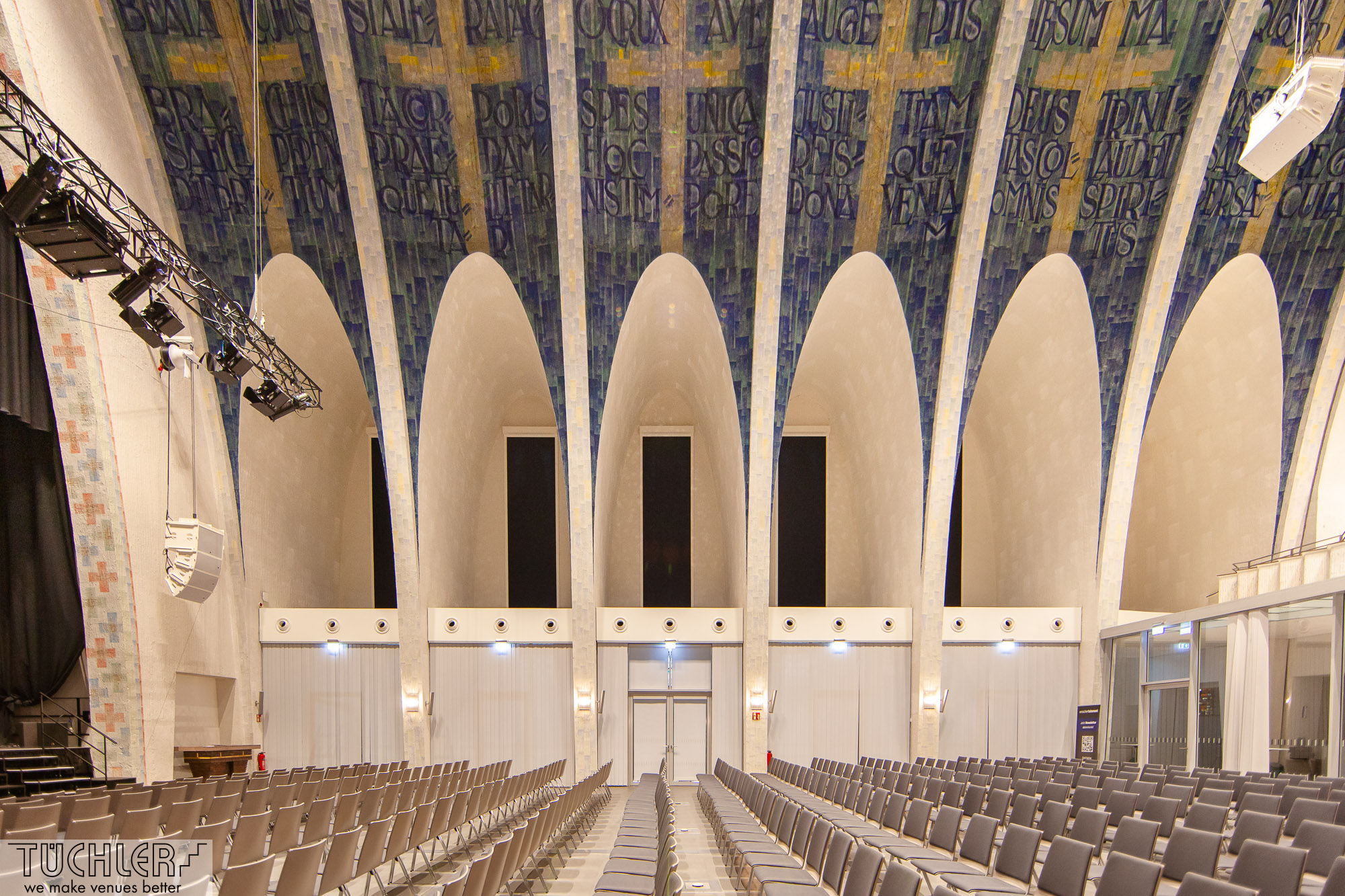 Akustiklamellen, Akustikrollo, Gelsenkirchen, Glasleistenrollo, Heiligkreuzkirche, Tüchler