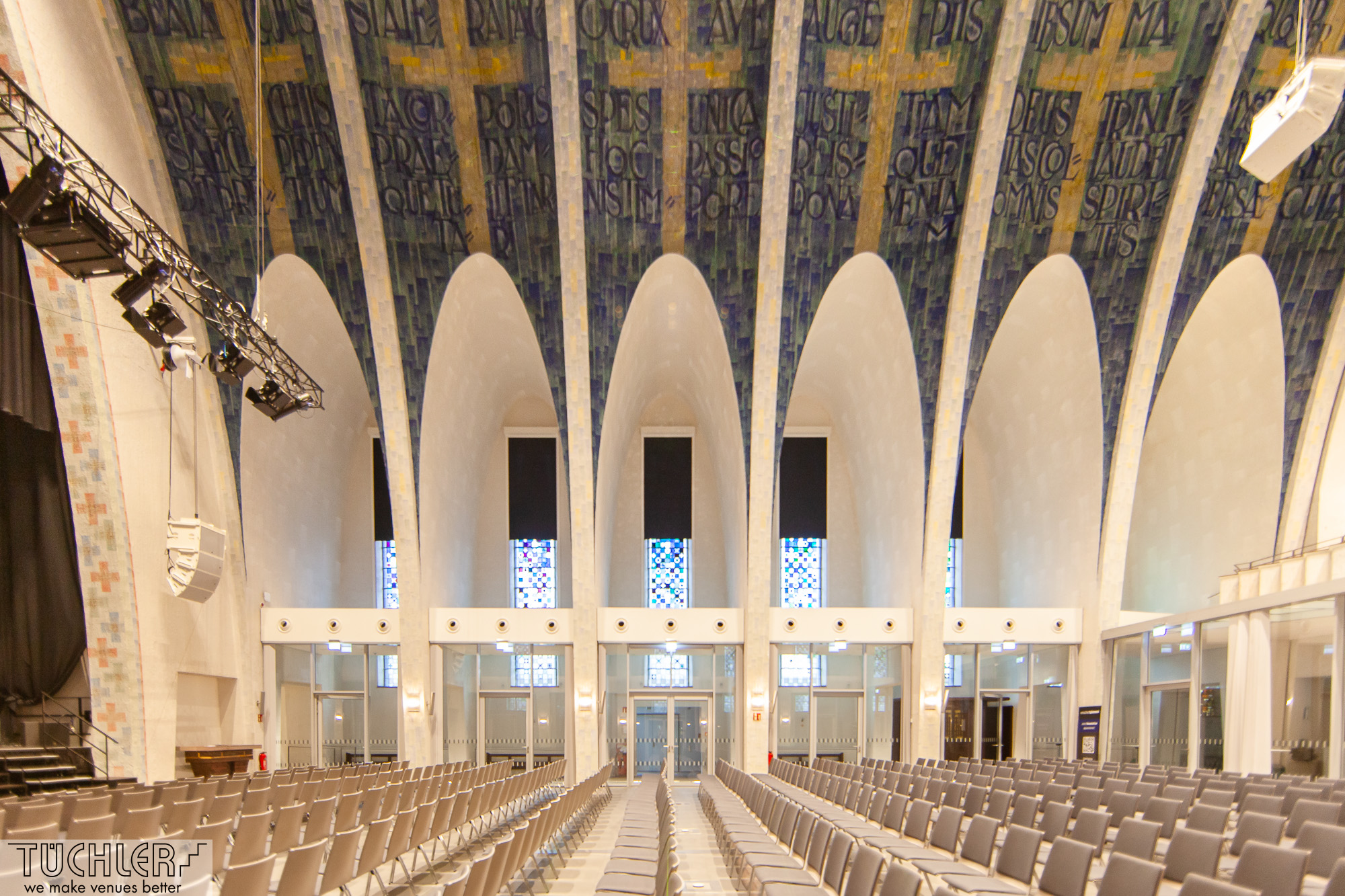 Akustiklamellen, Akustikrollo, Gelsenkirchen, Glasleistenrollo, Heiligkreuzkirche, Tüchler