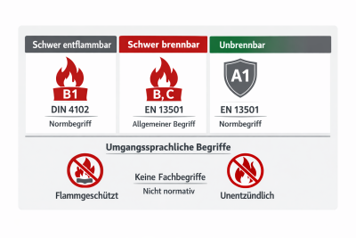 Unterschied zwischen „schwer entflammbar“, „schwer brennbar“, „unbrennbar“ sowie umgangssprachlichen Begriffen wie „flammgeschützt“ oder „unentzündlich“